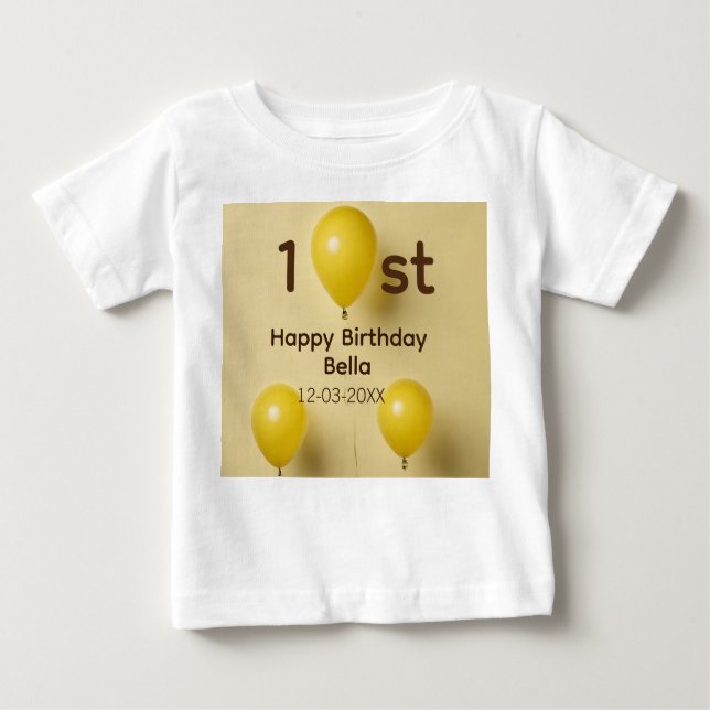 Yellow balloons 1st birthday add name date text baby T-Shirt (Front)