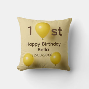 Yellow balloons 1st birthday add name date text cushion
