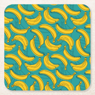 Yellow Banana: Black Outline Vintage Square Paper Coaster