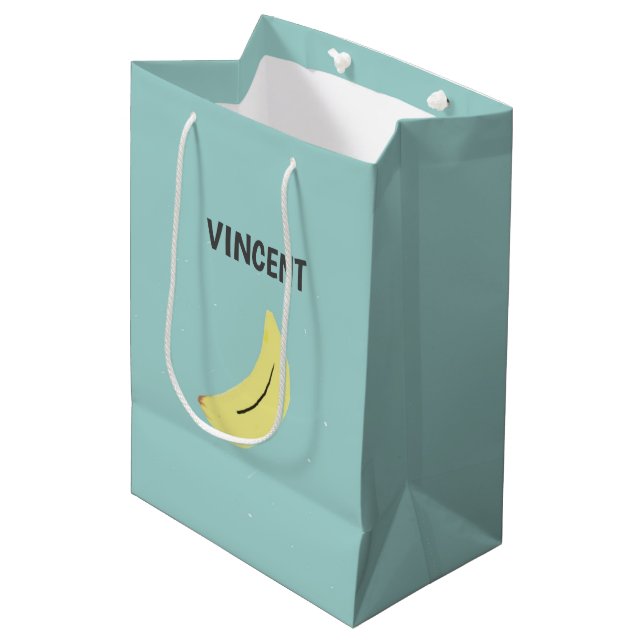 Yellow banana drawing blue personalised medium gift bag (Front Angled)