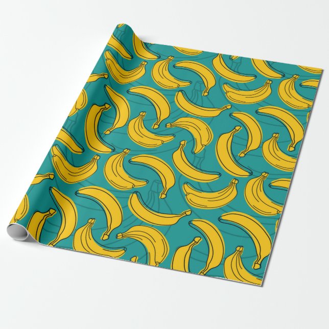 yellow banana with black outline seamless pattern  wrapping paper (Unrolled)