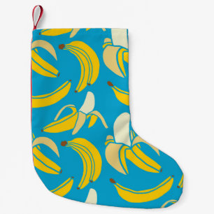 Yellow bananas, blue background pattern small christmas stocking