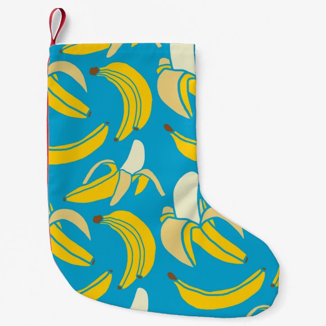 Yellow bananas, blue background pattern small christmas stocking (Front)