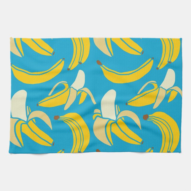 Yellow bananas, blue background pattern tea towel (Horizontal)