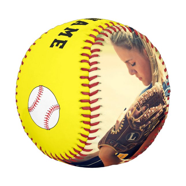 Yellow Baseball with Team Name Number Photo (Angled)