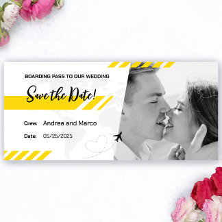 Yellow Beach Boarding Pass Wedding Save the Date