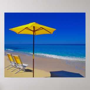 Yellow beach umbrella and chairs on pristine poster