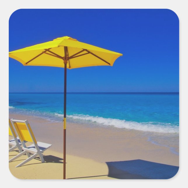 Yellow beach umbrella and chairs on pristine square sticker (Front)