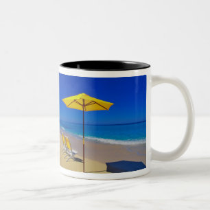 Yellow beach umbrella and chairs on pristine Two-Tone coffee mug