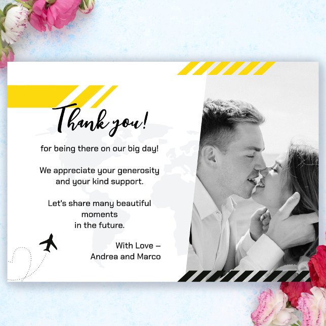 Yellow Beach Wedding Boarding Pass Thank You Card (Sunny Yellow Boarding Pass Wedding Thank You Card)