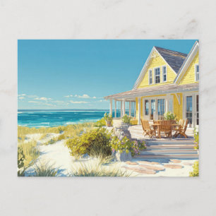 Yellow Beachhouse Coastal Art Postcard 