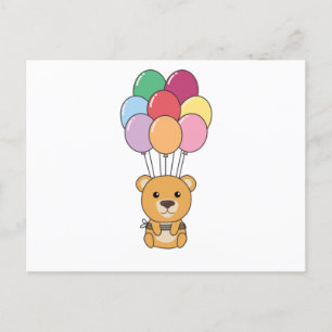 Yellow Bear Flies Up With Colourful Balloons Postcard