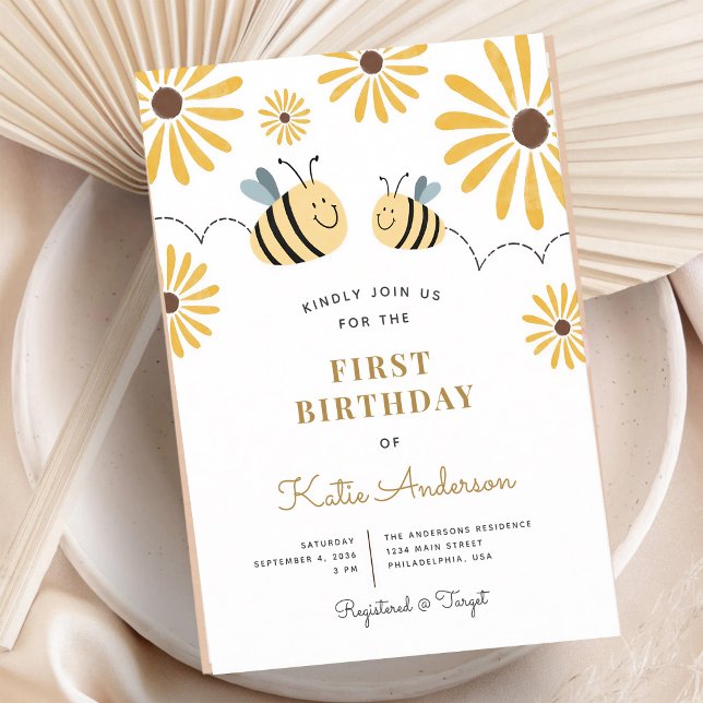 Yellow Bee Sunflower First Birthday Invitation (Creator Uploaded)