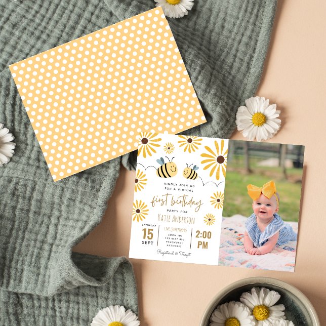 Yellow Bee Sunflower Virtual First Birthday Photo Invitation Postcard (Creator Uploaded)