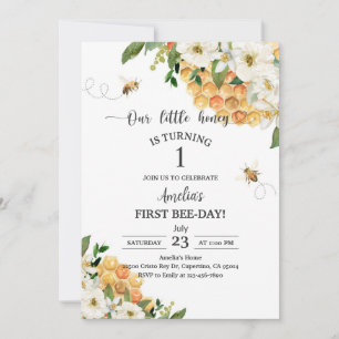 Yellow Bee White Floral 1st Birthday Invitation