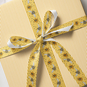Yellow Bees & Cosmos Flower Blooms Grosgrain Ribbon