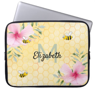 Yellow bees pink flowers name monogrammed laptop sleeve