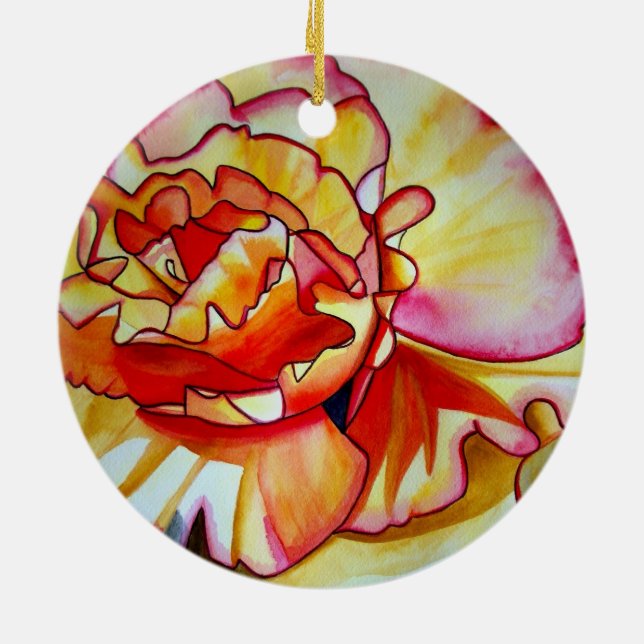 Yellow Begonia flower watercolour original art Ceramic Tree Decoration (Back)