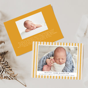 Yellow & Beige Farmhouse Linen Stripes Photo Birth Announcement