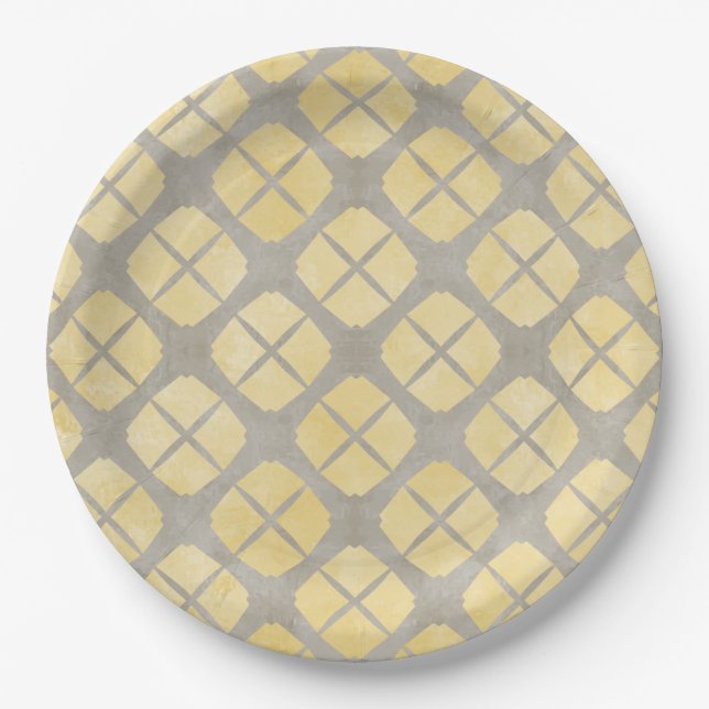 Yellow Beige, Taupe Mid Century Modern Pattern Paper Plate (Front)