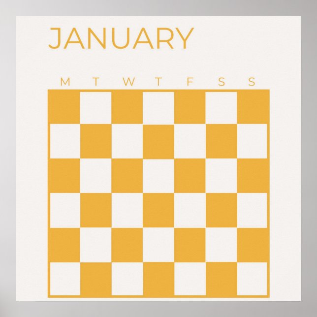 Yellow Beige Undated Chequered January Calendar Poster (Front)