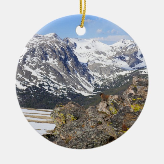 Yellow-Bellied Marmot Gazing at Rocky Mountains Ceramic Tree Decoration (Front)