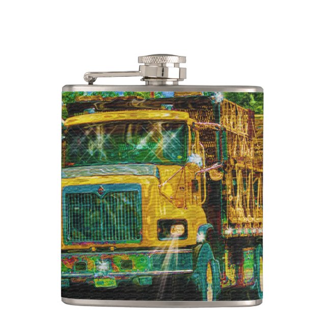 Yellow Big Rig Truckers Lorry & Highway Truck Hip Flask (Front)