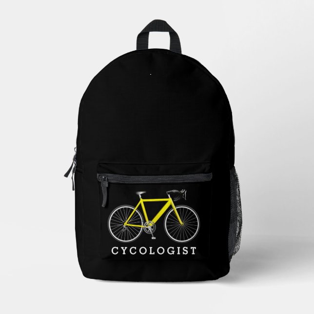 Yellow Bike With Cycologist Text Printed Backpack (Front)