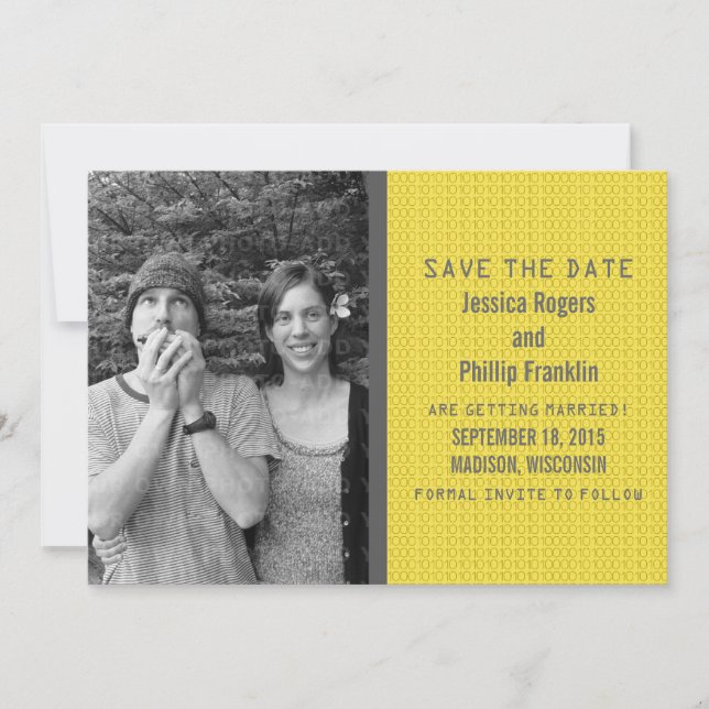 Yellow Binary Code Photo Save the Date Invite (Front)