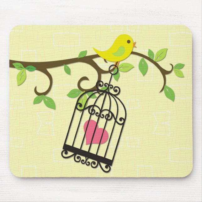 Yellow Bird, Birdcage Mouse Pad (Front)