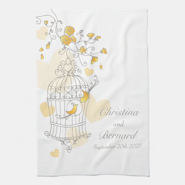 Yellow bird cage wedding custom kitchen towel (Vertical)