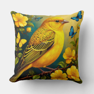 Yellow Bird Flowers and Butterflies Home Decor Cushion