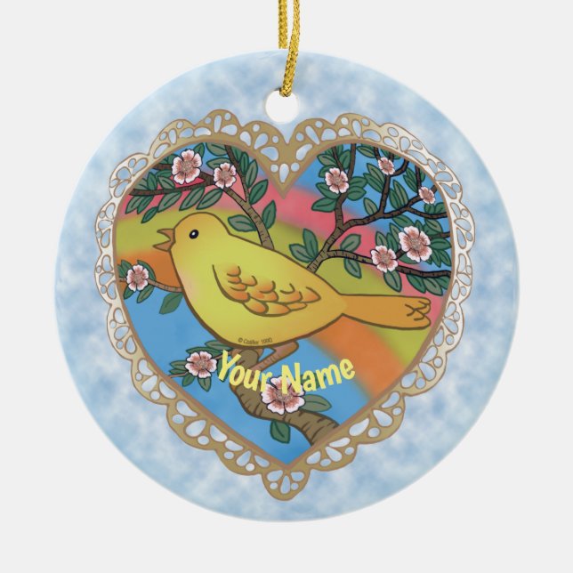 Yellow Bird Heart  custom name Ceramic Tree Decoration (Front)