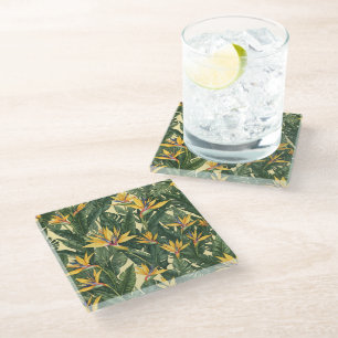 Yellow Bird of Paradise flower pattern Glass Coaster
