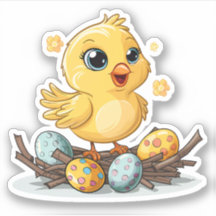 Yellow Bird on Nest of Easter Eggs