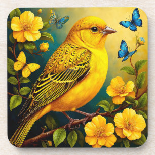 Yellow Bird Perched Among Bright Blossoms Coaster