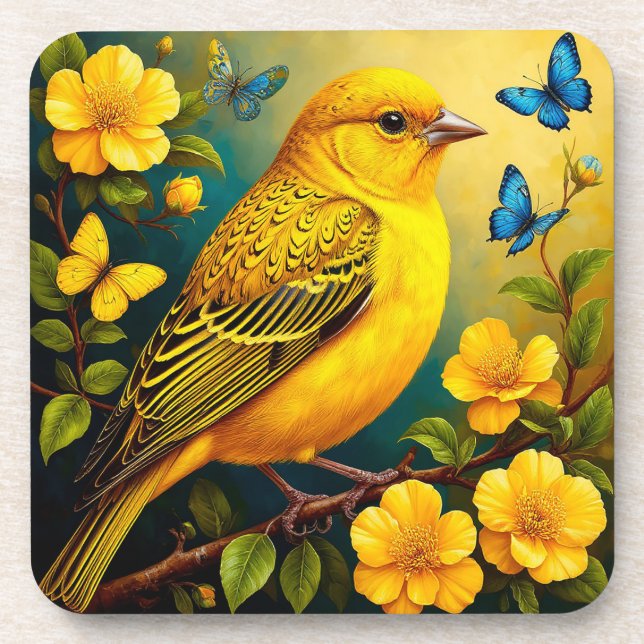 Yellow Bird Perched Among Bright Blossoms Coaster (Front)