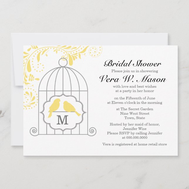 Yellow Birdcage With Love Birds Bridal Shower Invitation (Front)