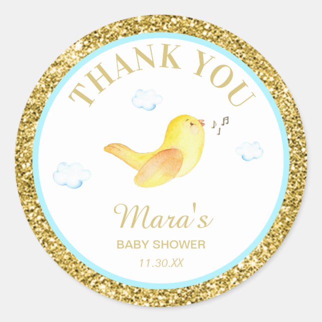 *~* Yellow Birdie Glitter Baby Shower Thank You Classic Round Sticker (Front)