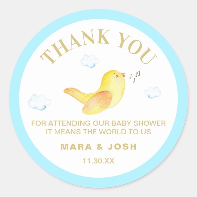 *~* Yellow Birdie Sky Blue Baby Shower Thank You Classic Round Sticker (Front)