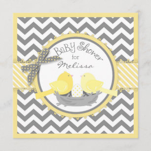 Yellow Birds Nest Egg Chevron Print Baby Shower Invitation