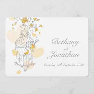 Yellow birds open cage custom wedding invitation