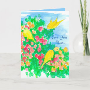 Yellow Birds Watercolor Flowers Happy Mother's Day Card