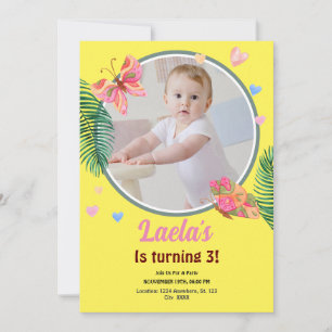 Yellow Birthday Butterfly Invitation with Photo