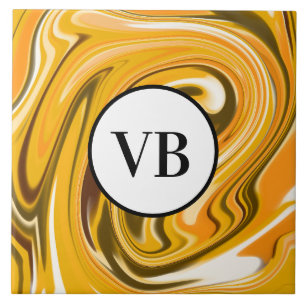 Yellow Black acrylic pour marble add name monogram Tile