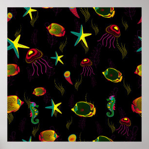 Yellow, black and brown fish seamless pattern. abs poster