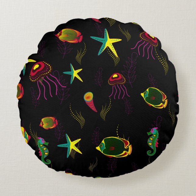 Yellow, black and brown fish seamless pattern. abs round cushion (Front)