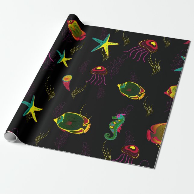 Yellow, black and brown fish seamless pattern. abs wrapping paper (Unrolled)