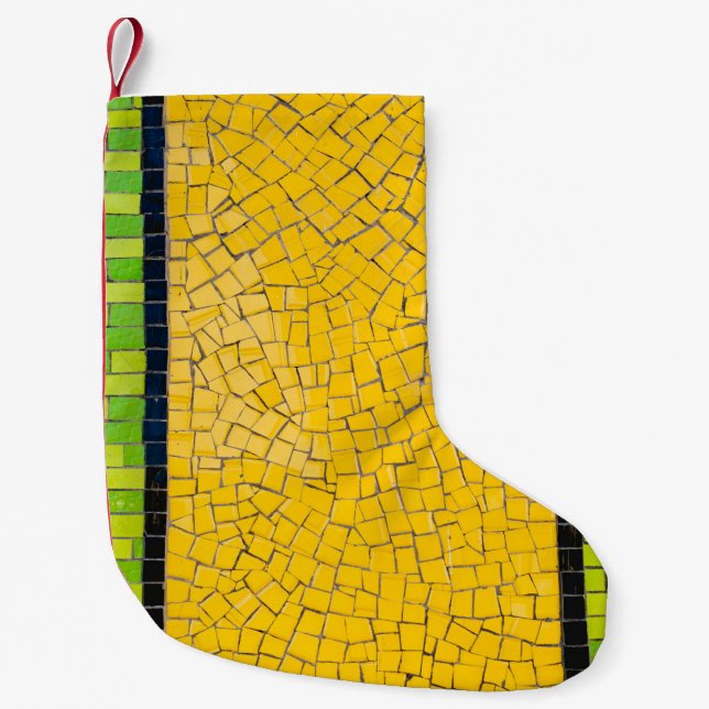 Yellow, black, and green brick wall planning small christmas stocking (Front)