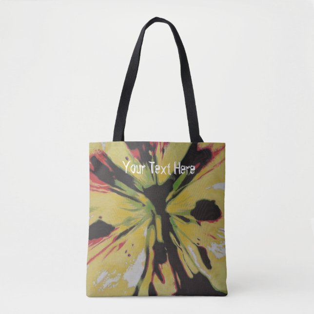 Yellow black and red modern abstract floral tote bag (Front)